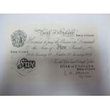 A Bank of England White Five Pounds Note, Leslie Kenneth O'Brien Chief Cashier. Number B 95 A