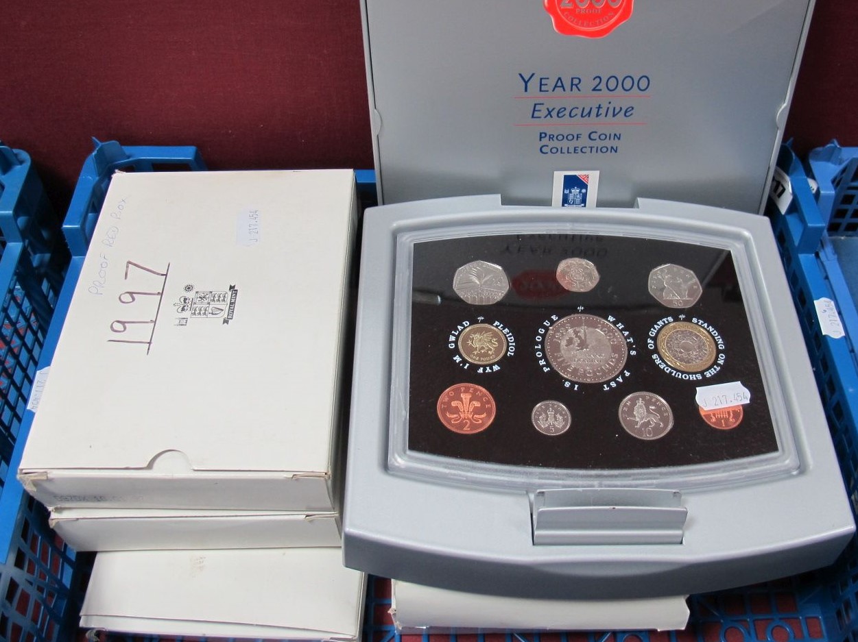 Five Royal Mint Deluxe Red Leather Cased Proof Sets: 1995 to 1999. A cased Royal Mint Year 2000