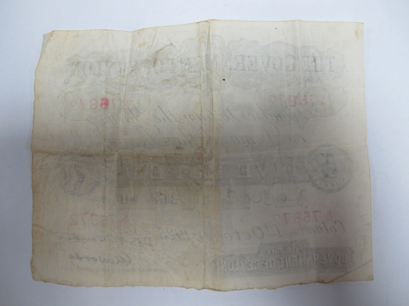 A Government of Ceylon Five Rupee Banknote, Colombo, 1st October 1925. Number B58 76872. Much folded - Image 7 of 7