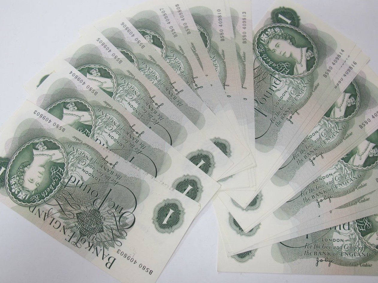 A Consecutive Run of Twenty-Two Page Bank of England £1 Banknotes, numbers BS80 409803 to