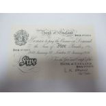 A Bank of England White Five Pounds Note, Leslie Kenneth O'Brien Chief Cashier. Number B 95 A