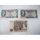 Bank of England Banknotes, comprising a Hollom Ten Pounds and a pair of O.Brien 'Helmeted Britannia'