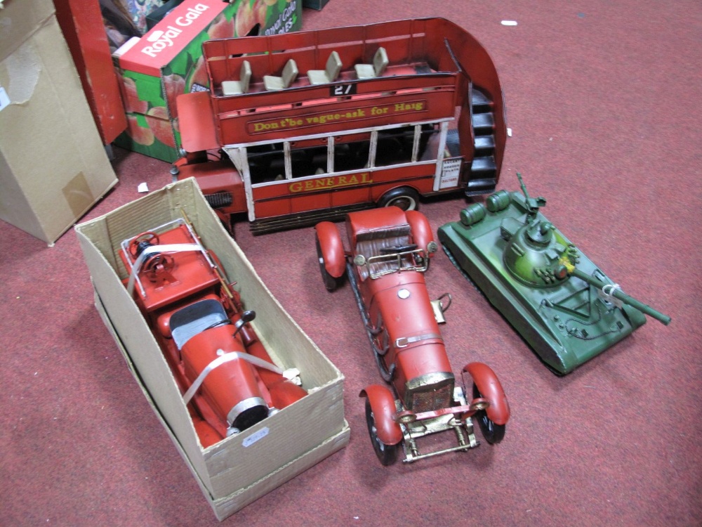 Four Modern Tinplate Collectors Toys, including tank, fire engine, saloon car, and open top bus, (