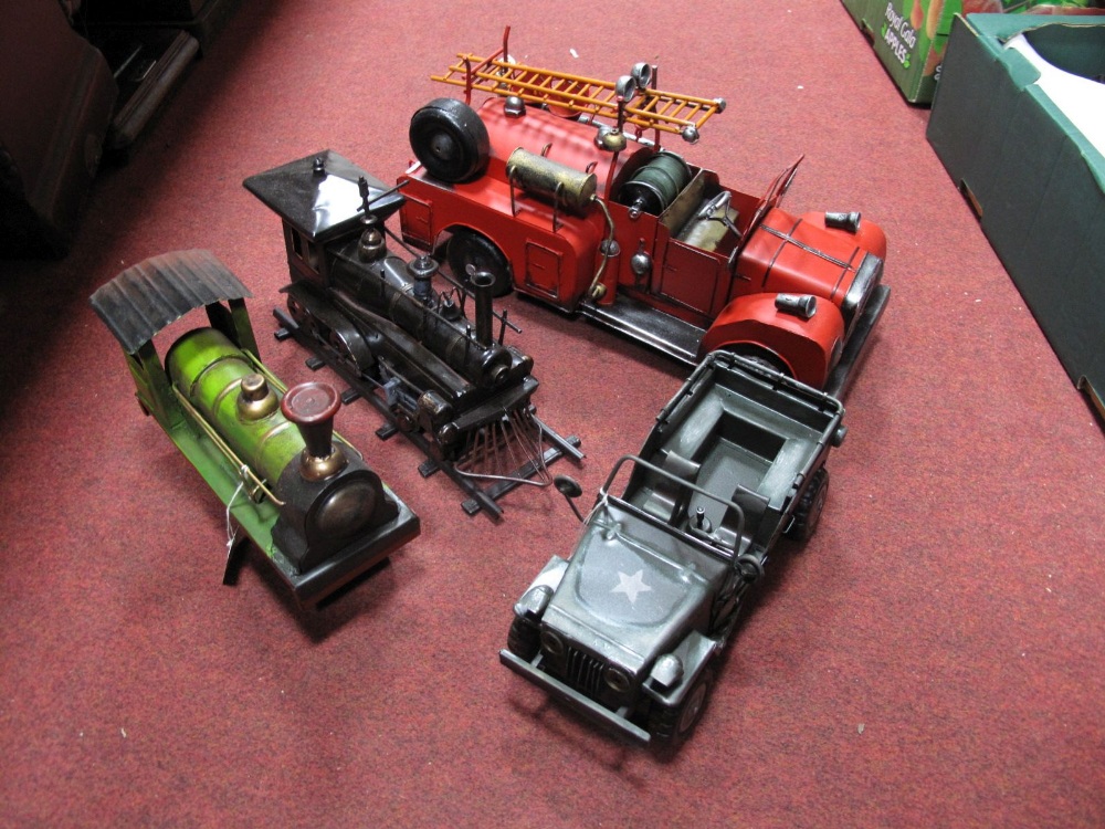 Four Modern Tinplate Collectors Models, including two locomotives, fire engines and US military