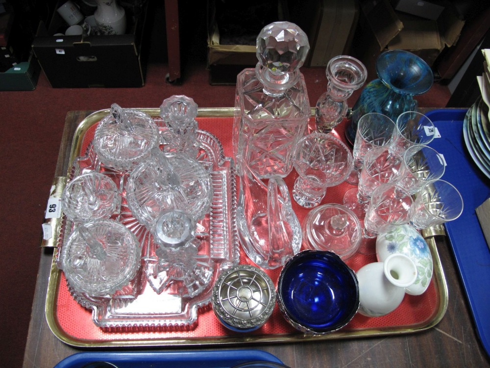 A Mdina Type Vase, 1930's pressed glass trinket set, Wedgwood Clementine etc:- One Tray