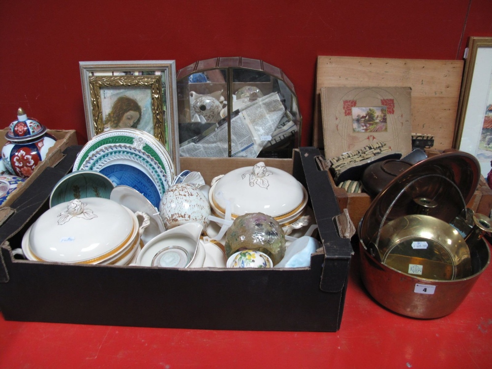 A Brass Jam Pan, candlesticks, display unit, Agfa camera box, prints, Maddock, dinner service,