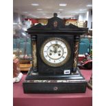 XIX Century Black Slate Mantel clock, with a white enamel dial, Roman numerals, plinth base.