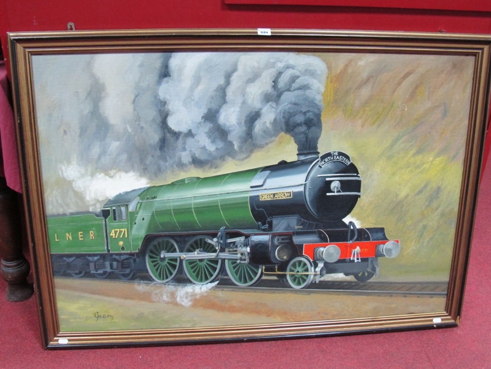 ? Geary (Sheffield Artist) 'Green Arrow Locomotive and Tender', Oil on Board, signed lower left 75 x
