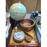 An Italian Illuminating Desk Globe, wooden fishing reel, stamped 'Made In England', oak cased