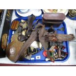 Collectables, to include RAF cloth badge, Victorian hooks, wood carving, gentleman's brush set etc:-