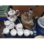 Royal Albert 'Moss Rose' Coffee Service, thirteen pieces Japanese pottery, lamp:- One Tray