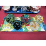 Five Studio Glass Paperweights, including a globular example with multicoloured and blue streaked