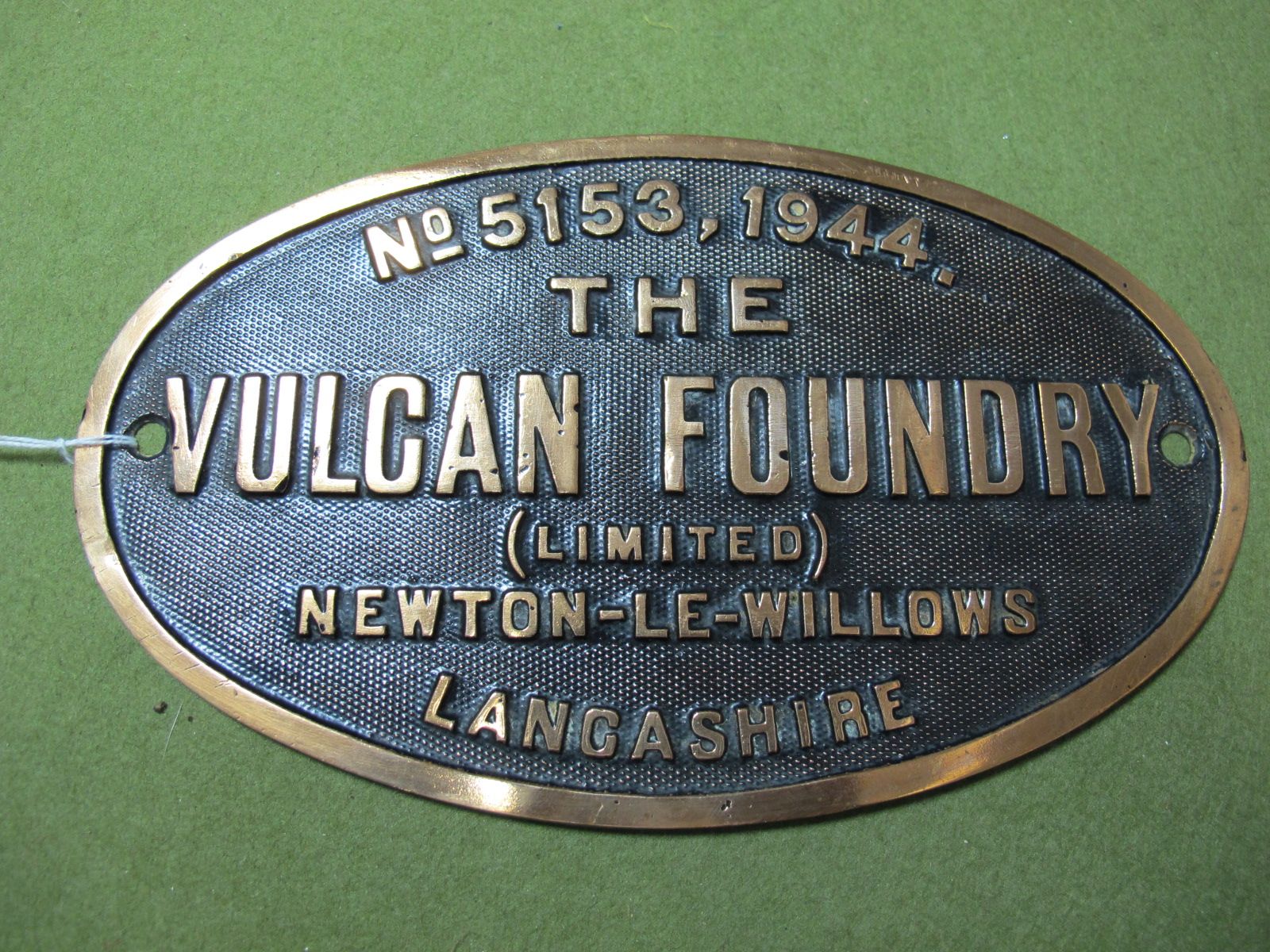 A Vulcon Foundry Brass Works Plate, No.5153, 1944, Newton-le-Willows, a WD 2-8-0 Locomotive, re