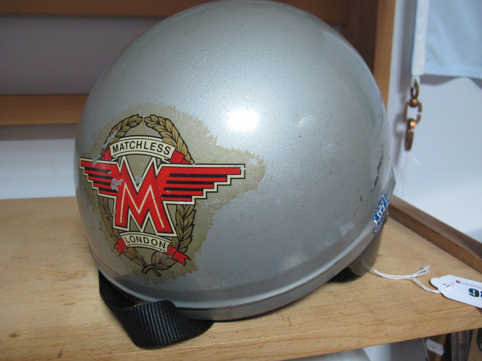 Late Pudding Basin Motorbike Helmet, British by Rowbilt, unrestored, matchless transfer to front.