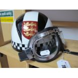 Everoak Period Pudding Basin Motorbike Helmet, restored in Phil Read colours, with modern goggles.