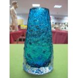 Whitefriars Blue Glass Textured Bark Volcano Vase, designed by Geoffrey Baxter, 18cms high.