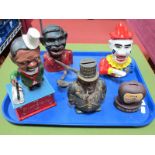 Five Reproduction Cast Iron Novelty Money Banks, including 'Transvaal Kruger', 'Stump Speaker'