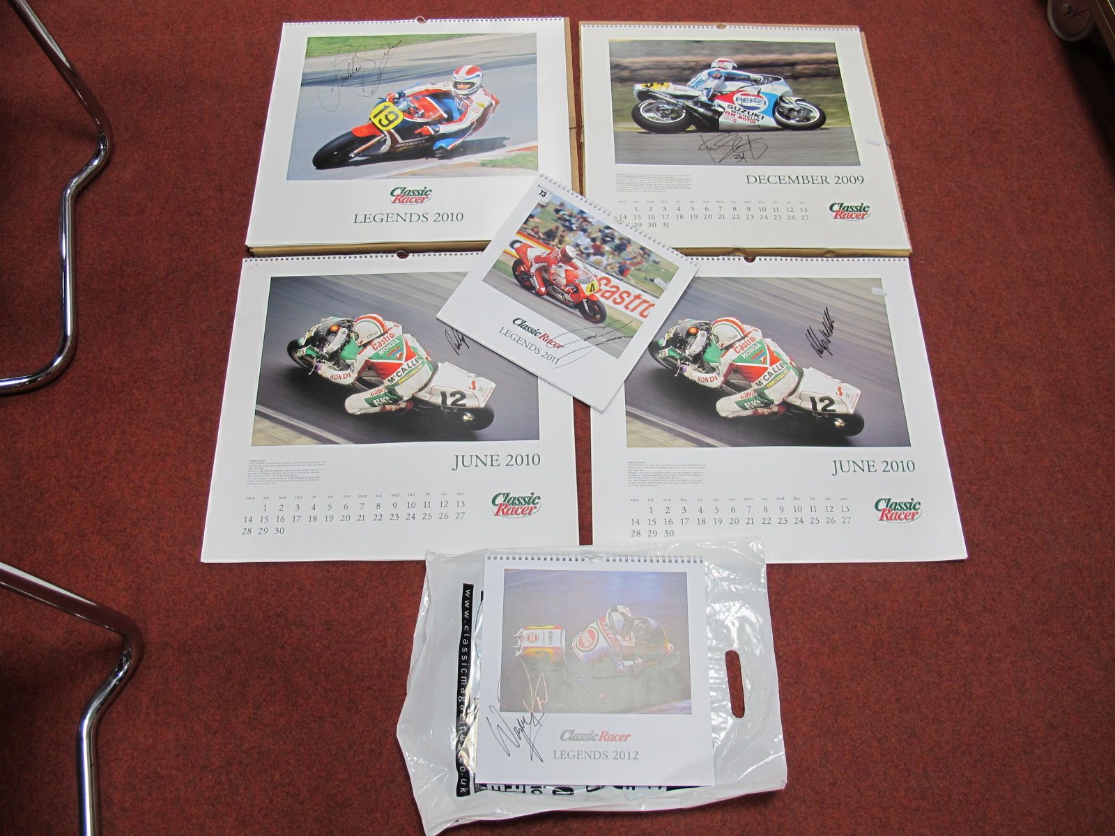 Six 'Classic Racer' Calender, each signed to cover- Wayne Rainey, Freddie Spencer, Kevin Schwantz,