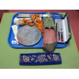 An African Dagger, skin and leather sheath and grip, Oriental embroidered slippers, cap, fans, cased