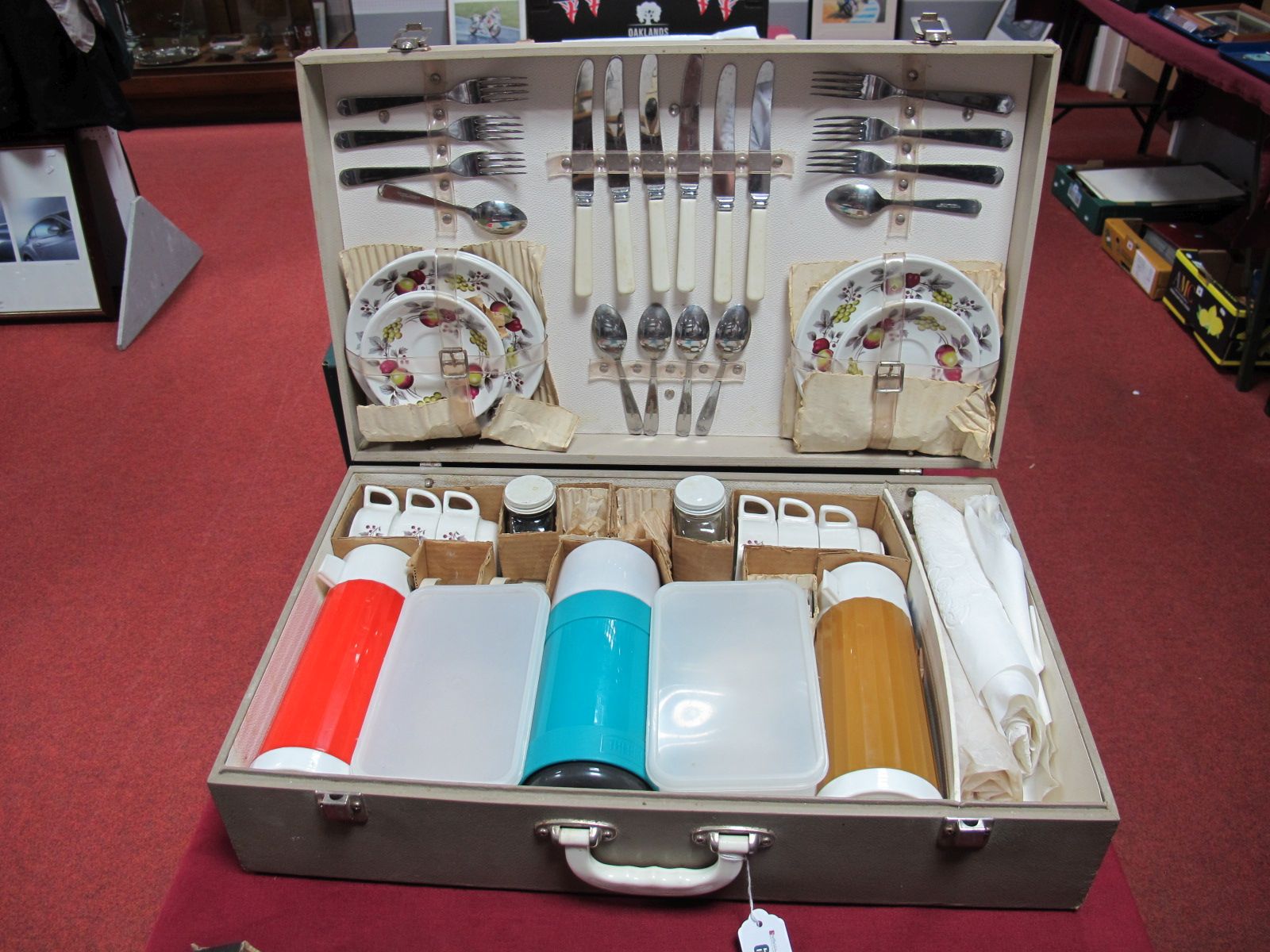 A 1960's Travel Picnic Hamper, with contents, six place settings.