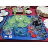 1930's Green Glass Trinket Set, glass swans, etc:- One Tray