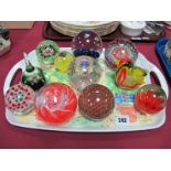 Eleven Studio Glass Paperweights, including Millefiori, a blue cushion and bubble inclusions example