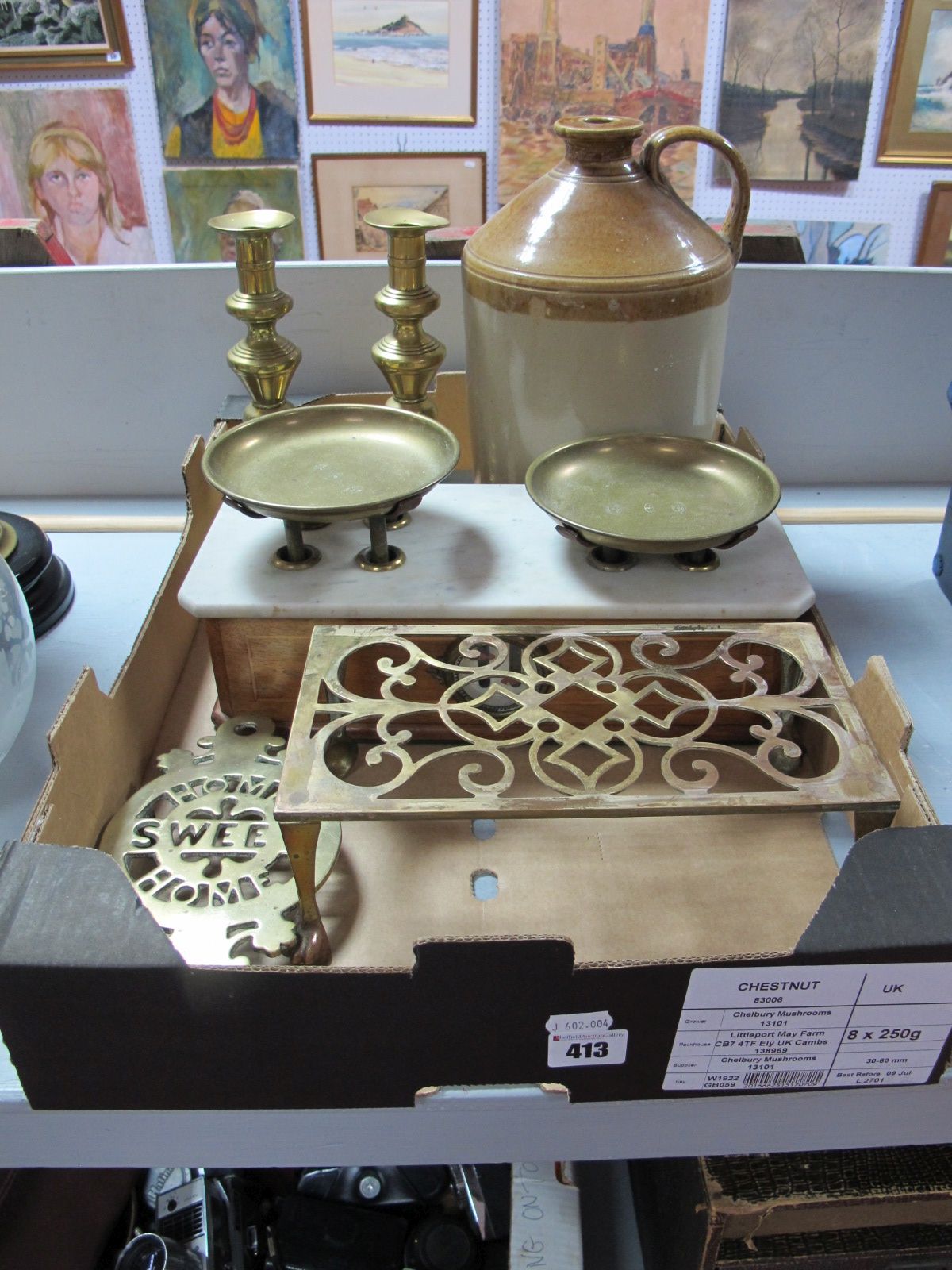 French Made Scales, having marble top and brass pans, Stoneware flagon, brass candlesticks,