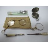 Lorgnettes, souvenir spoon, pocket compass, Richards small folding pocket knife etc.