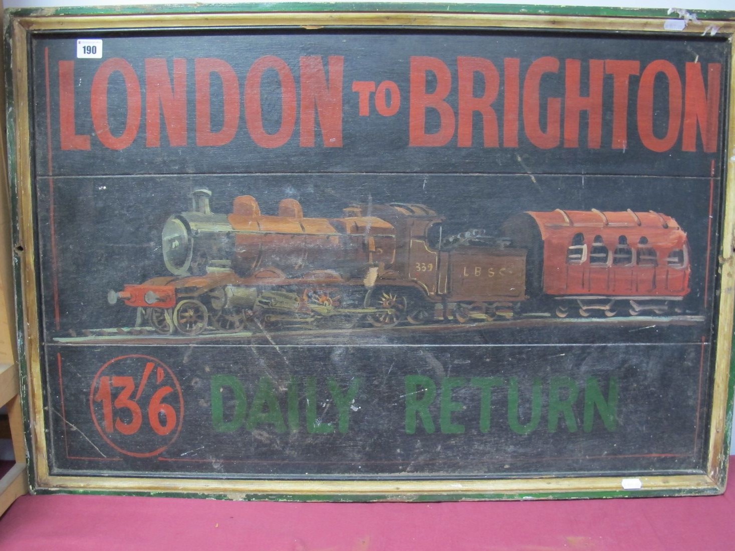 A Hand Painted Railway Sign, 'London to Brighton', 92 x 61cms.