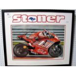 Casey Stoner Signed Ltd Edition Print, with Stoner logo, framed 12/27 (27 being his racing No), 2007