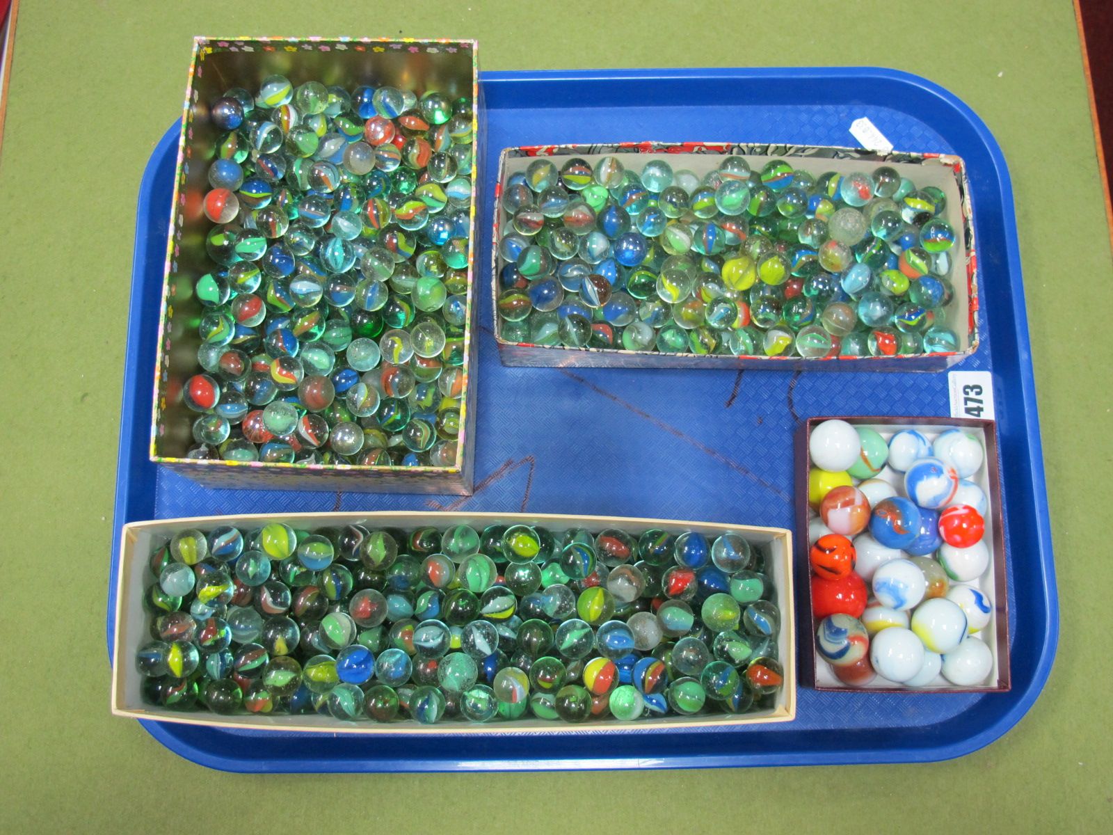 Four Boxes of Marbles, including large pot examples (a large quantity):- One Tray