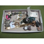 Assorted Costume Jewellery, including beads, bracelet, earrings, brooches, miniature clock etc:- One
