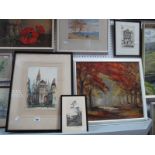 E. Sharland Caen Normandy Signed Etching, 27.5 x 19cm, W. Rawson and Ray Allen signed etchings,