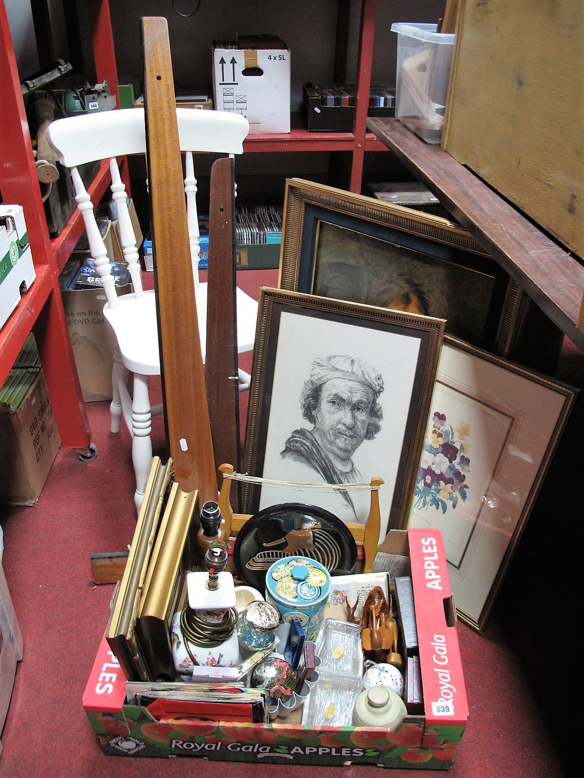 Prints, records, lamps (untested sold for parts only), jelly mould, saw, Pinder's Tri Squares,