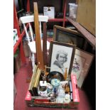 Prints, records, lamps (untested sold for parts only), jelly mould, saw, Pinder's Tri Squares,