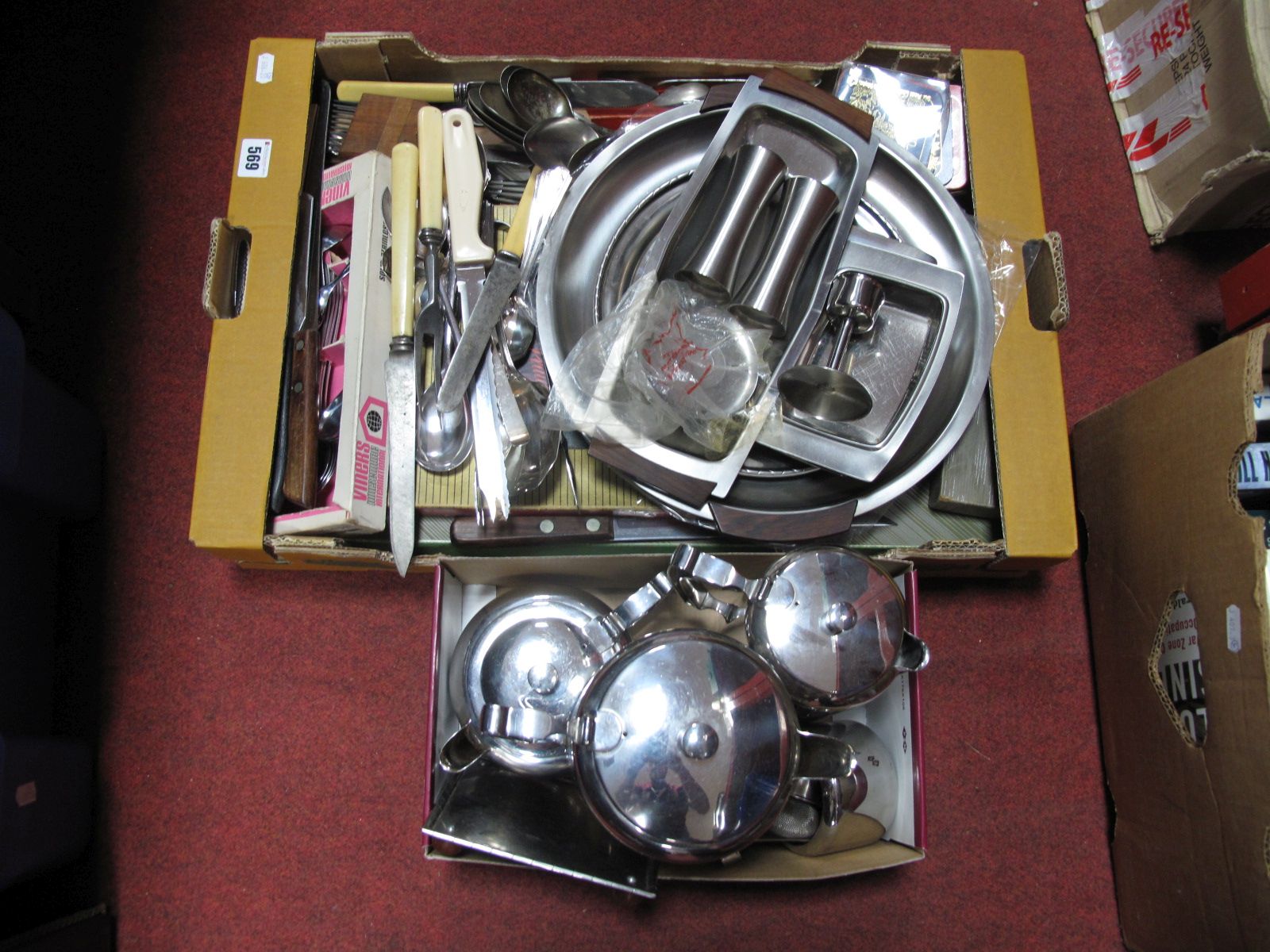 Stainless Steel Kitchenalia, trays, loose and cased cutlery, Old Hall tea wares etc:- Two Boxes