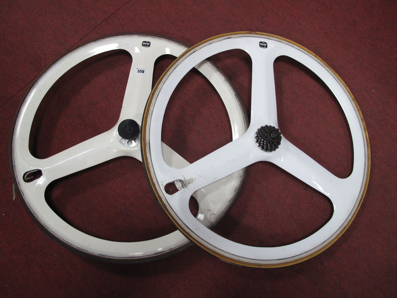 A Set of TVT Carbon Fibre Tri-spoke Road Bike Wheels, 63cms diameter, eight speed rear cog.