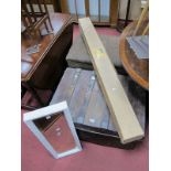 A Victorian Fabric Covered Pine Chest, an early XX Century tin trunk containing projector screen and