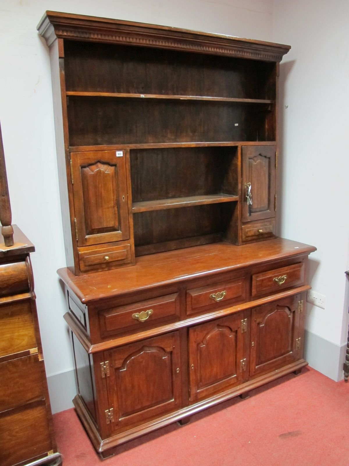 XVIII Century Style Dresser, with a dentil cornice, two open shelves, arched cupboard doors, base