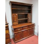 XVIII Century Style Dresser, with a dentil cornice, two open shelves, arched cupboard doors, base