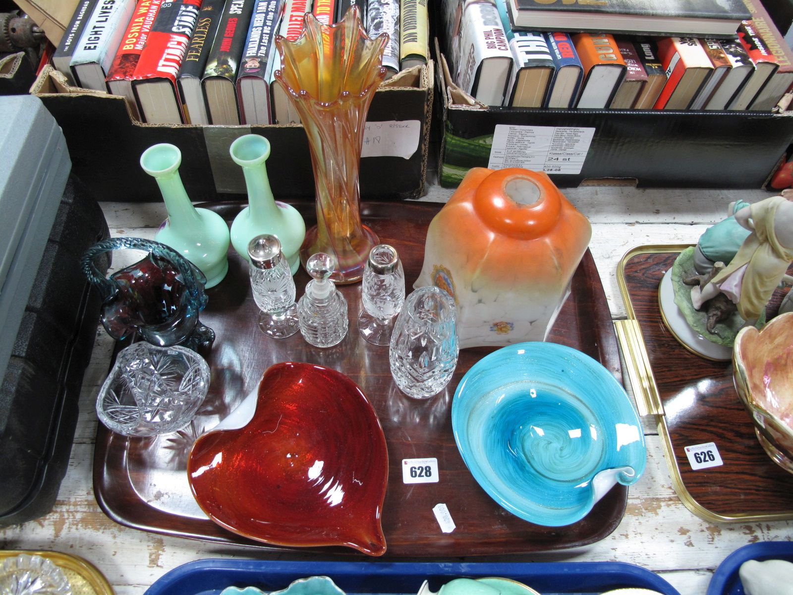 Carnival Vase, mid XX century glass ashtrays, hexagonal light shade, etc:- One Tray