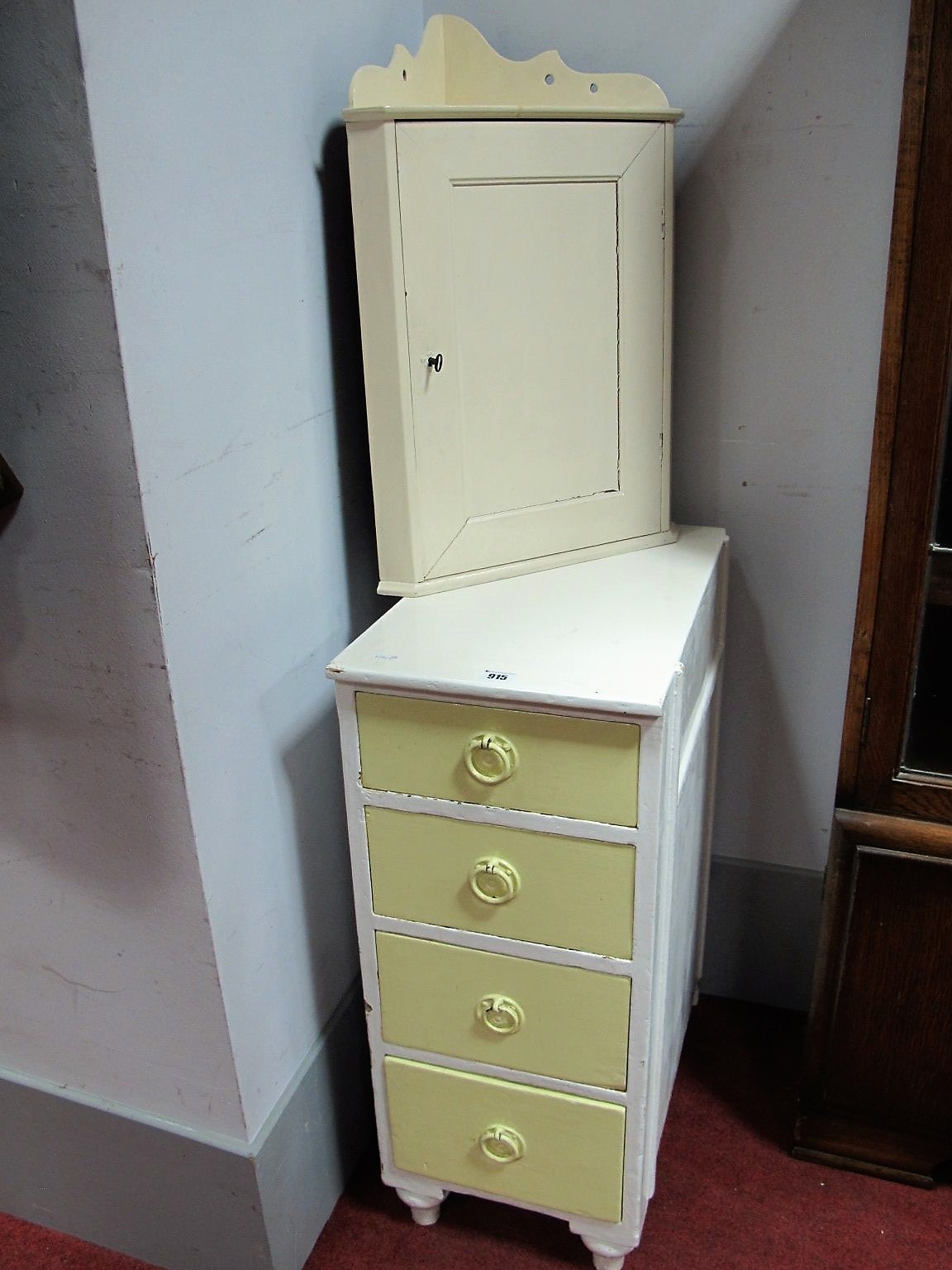 A Painted Pine Narrow Four Heights Chest of Drawers a painted wall hanging corner cupboard. (2)