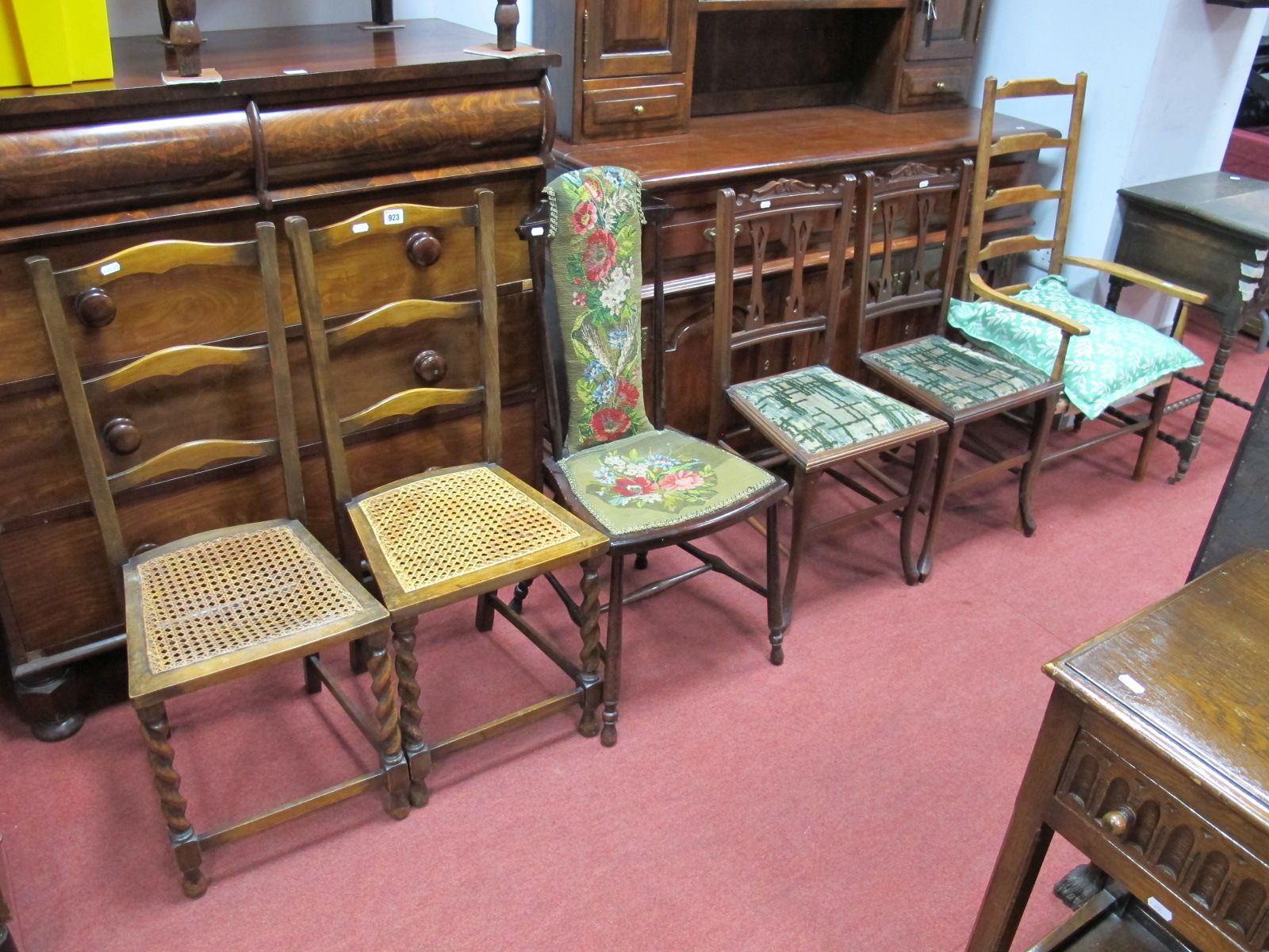 Two Pairs of Early XX Century Mahogany Bedroom Chairs, a country ladder back open arm chair and a