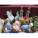 Four Nao Pottery Figurines, two musical military figures, Josef Originals piano girl, hunting