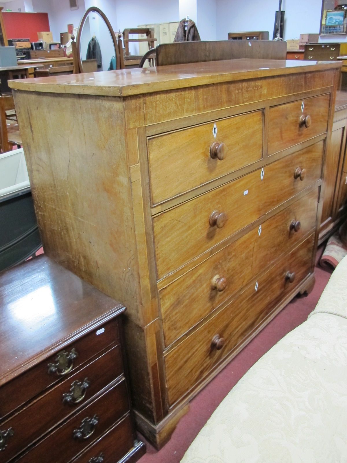 XIX Century Mahogany Chest of Drawers, of two short and three long drawers, on later bracket feet.