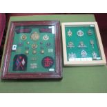 Two Framed Military Cap Badge, Button and Cloth Patch Collections, including Royal Marines, Irish