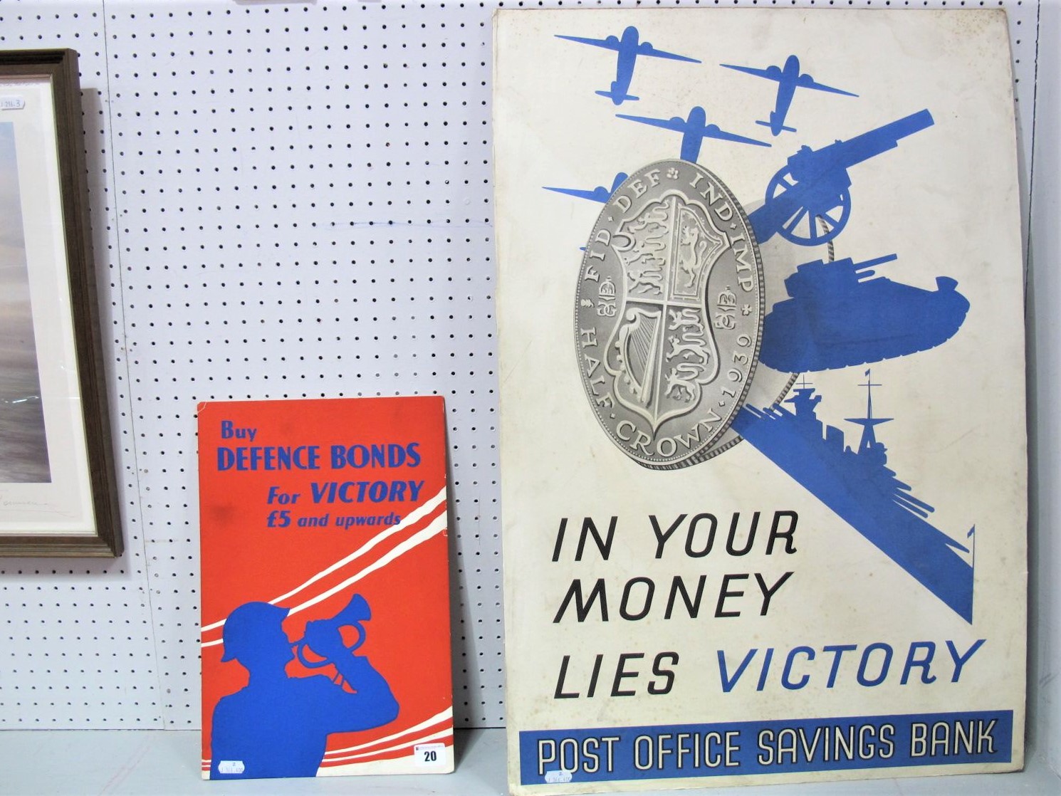 Two Standing Second World War Cardboard Signs, 'In Your Money Lies' Victory' Post Office savings