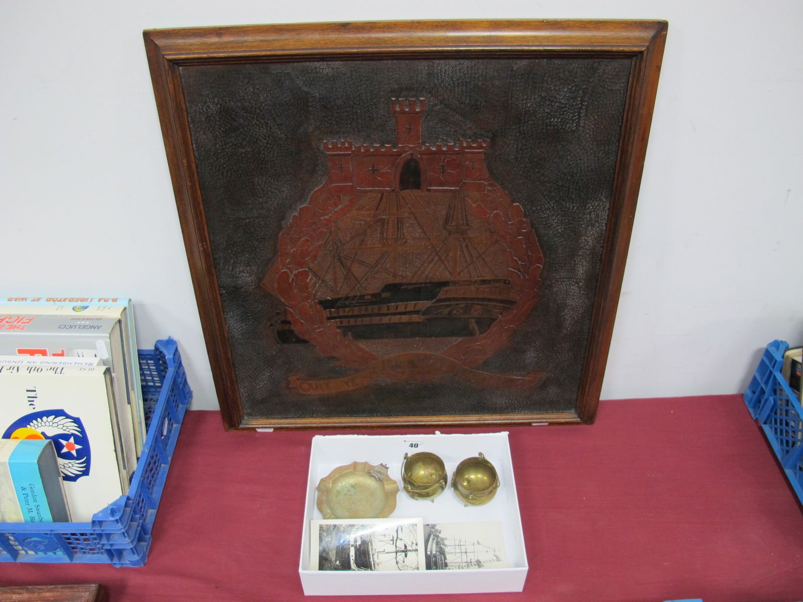 HMS Conway Interest, A Framed Leather Crest, 54 x 58cms, three pieces of Crested Ware, an ashtray