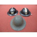 Three WWII Era Helmets, including one ARP Warden and another painted as Warden.