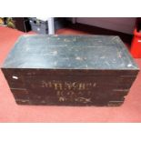 A XIX Century Wooden Chest, strengthened, with initials H.V.B, KOSB- Kings Own Scottish Borders?